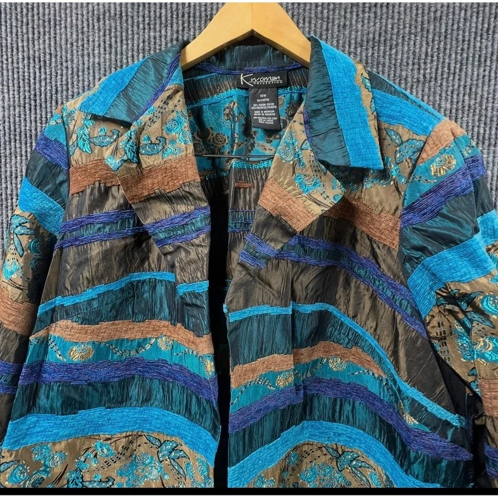 K Woman Collection Jacket Blazer Blue Brown Floral Women 16W Boho Open Front VTG